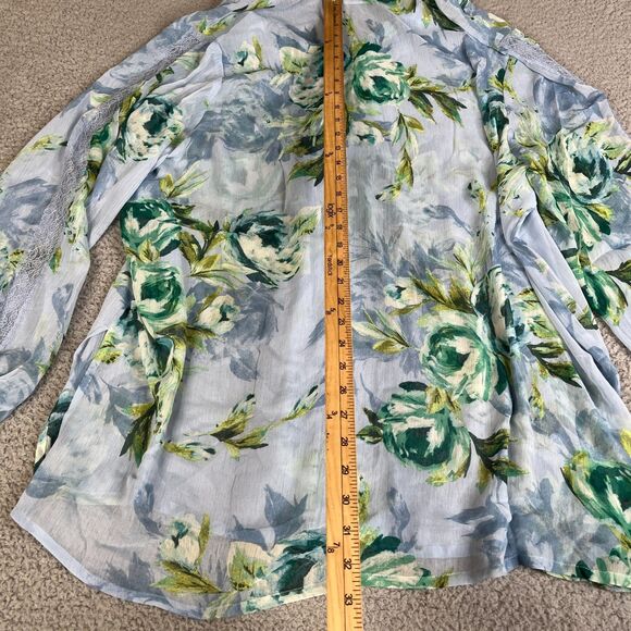 Susan Graver Blouse 3X Blue Green Sheer V Neck Pleated Long Sleeve QVC Flowy - Picture 11 of 14